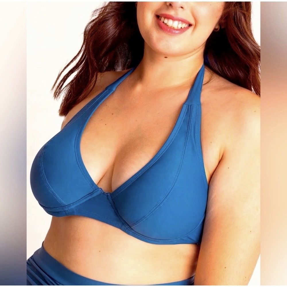 Womens SHAPERMINT Blue/Teal Halter Bikini Top bathing suit swimsuit Large NWOT